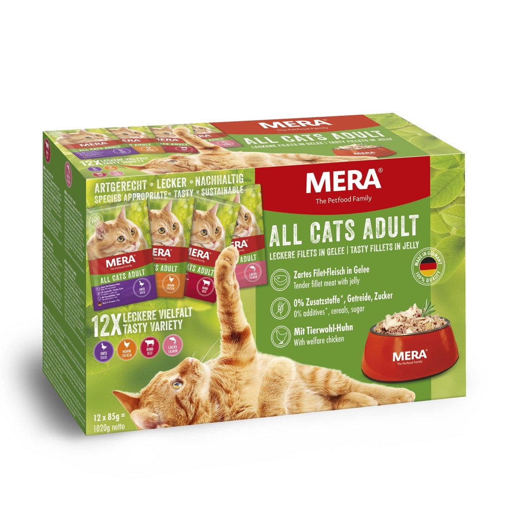 Picture of: MERA Cats Adult Wet Food Multibox for Adult Cats, Grain-Free and  Sustainable, Cat Food with High Meat Content from Chicken, Beef, Duck and  Salmon,