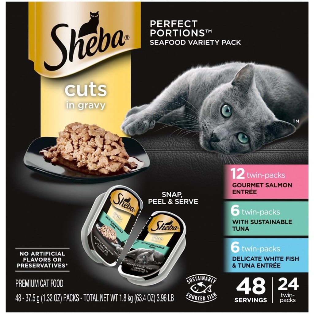 Picture of: SHEBA PERFECT PORTIONS Cuts in Gravy Adult Wet Cat Food Trays ( Count,   Servings), Gourmet Salmon, Sustainable Tuna, And Delicate Whitefish & Tuna